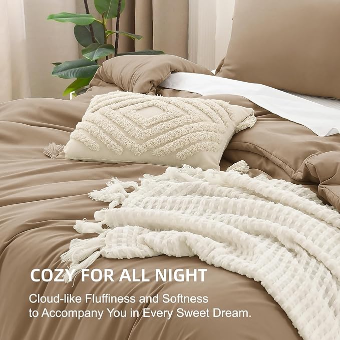 Litanika Comforters Taupe Super King Size, 3 Pieces Lightweight Solid Bedding Set & Collections, All Season Fluffy Bed Set (120x120In Comforter & 2 Pillowcases)