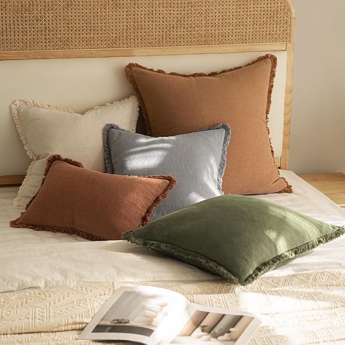 MIULEE Boho Linen Fringe Decorative Throw Pillow Covers Light Grey 20x20 | Set - Image 5