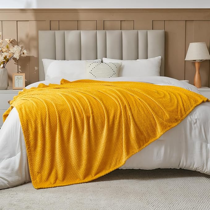 NEWCOSPLAY Super Soft King Blanket Mustard Yellow Premium Silky Flannel Fleece Leaves Pattern Lightweight Bed Blanket All Season Use (Mustard Yellow, King(90"x110"))