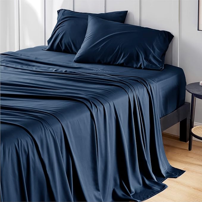 Bedsure Full Size Bed Sheets, Cooling Sheets, Rayon Derived from Bamboo, Breathable & Soft, Deep Pocket Up to 16 Inches, Hotel Luxury Silky Bedding for Hot Sleepers, Navy