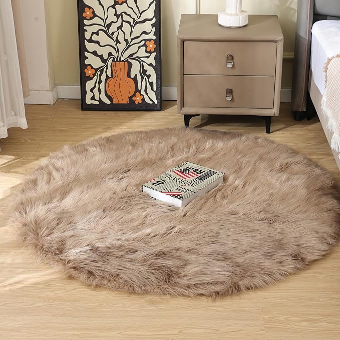 ORINOVA Beige Fuzzy Living Room Washable Area Rug 5ft Round Shag Faux Sheepskin - Image 4