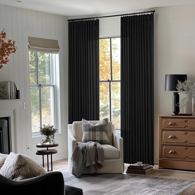 Black Pinch Pleated Linen Semi Sheer 102 Inch Curtains 2 Panels | Light - Image 8