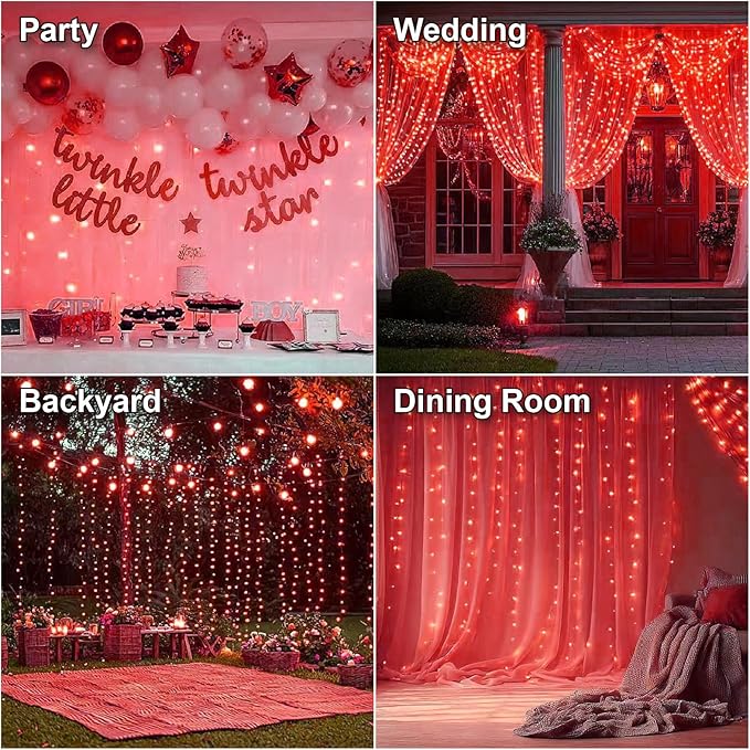 HXWEIYE 300LED Fairy Curtain Lights, 9.8x9.8Ft USB Plug-in 8 Modes Christmas String Hanging Lights with Remote for Bedroom Backdrop Wedding Party Indoor Wall Decor, Red, Standard