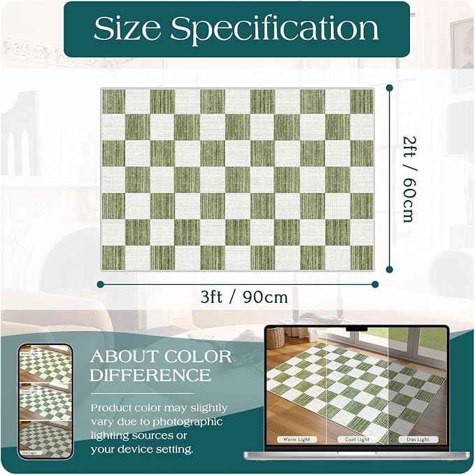 Front Door Mat Outside Entrance 2x3 Green White Checkered Rug | Non-Slip - Image 2