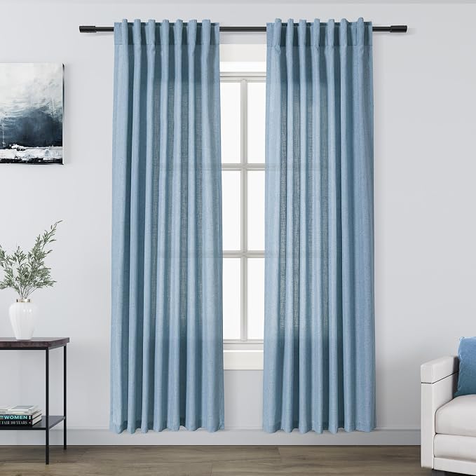 Blue Curtains 80 Inches Length for Living Room Back Tab Rod Pocket Semi Sheer by Nanspring