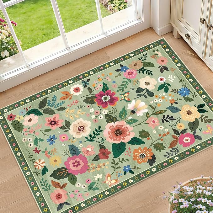 RELEANY Floral Washable 2x3 Area Rugs Doormat LightGreen | Flower Carpet Print by RELEANY