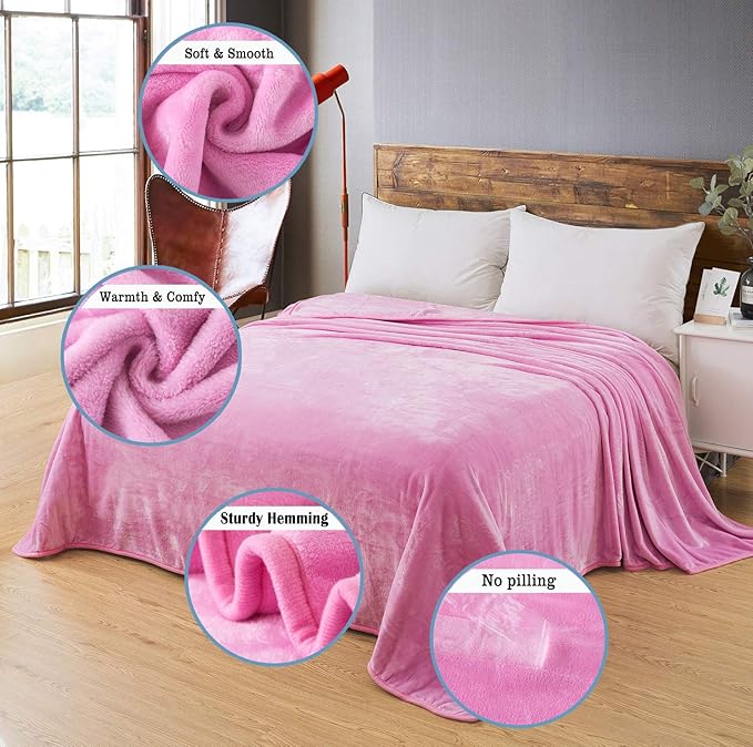 Flannel Fleece Queen Size Summer Blanket All Season 350GSM Lightweight Throw for The Bed Extra Soft Brush Fabric Winter Warm Sofa Blanket 90" x 90"(Pink Queen)