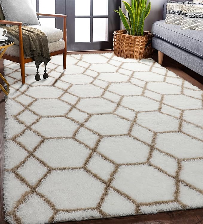 Area Rugs for Bedroom Living Room, 4x6 Fluffy White and Beige Geometric Rug | - Image 5