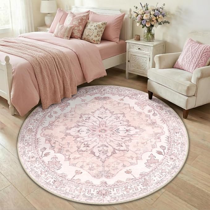 RELEANY Washable Area Rug, Round 5ft, Water Repellent, Pet Friendly, Vintage - Image 3
