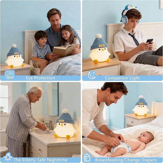 Penguin Lamp with Knit Hat,Kawaii Penguin Night Light,Food Grade Silicone,Dimmable Nursery Nightlight,LED Squishy Novelty Animal Lamp,Kids Room Decor,Funny Gifts for Kids Boys Girls Baby