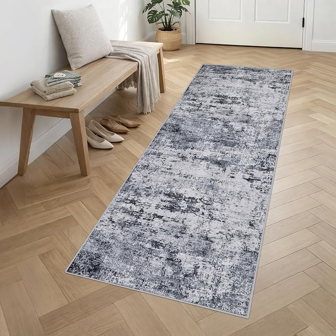2.6x10 Washable Runner Rug:Modern Abstract Indoor Soft Carpet Grey | - Image 3
