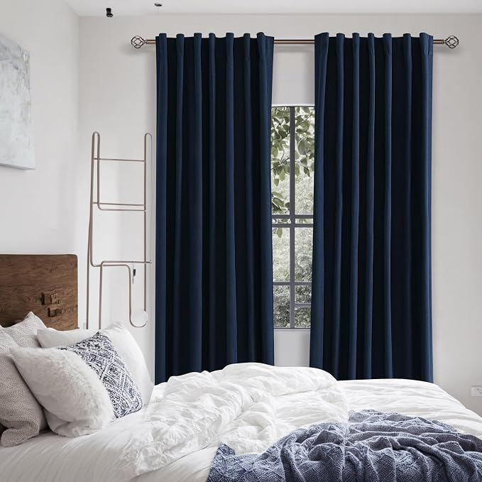 Navy Blue 100% Blackout Linen Curtains 102 Inch Length 2 Panels Set - Image 6
