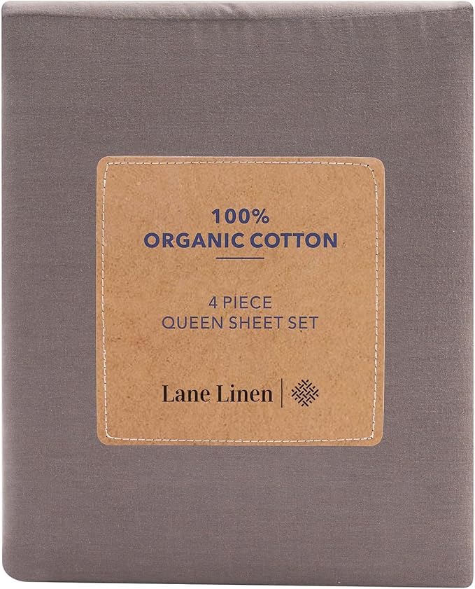 LANE LINEN 100% Organic Cotton Sheets King Size Machine Washable Fully Elasticized Soft & Comfy Mercerized Sustainably Produced All Season Eco Friendly Cotton Sheets sábanas King- Charcoal