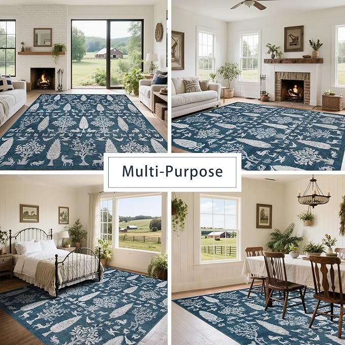 Washable Rugs 8x10 Area Rug for Living Room, Dining Room- Tree Blue | Ultra - Image 5