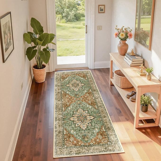 RELEANY Washable Area Rug, Runner 2'x6', Brick/Brown/Green | Non-Slip, Water - Image 4