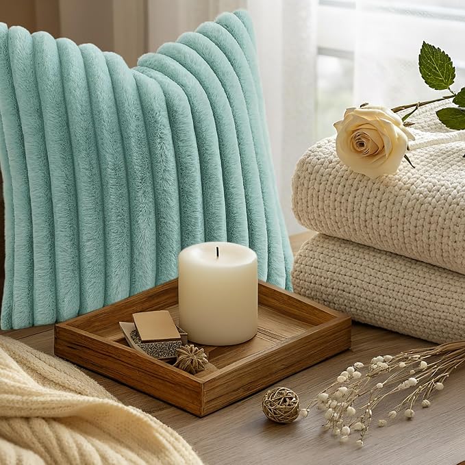 decorUhome Fall Faux Fur Throw Pillow Covers 22x22 Set of 2 Aqua | Decorative - Image 9