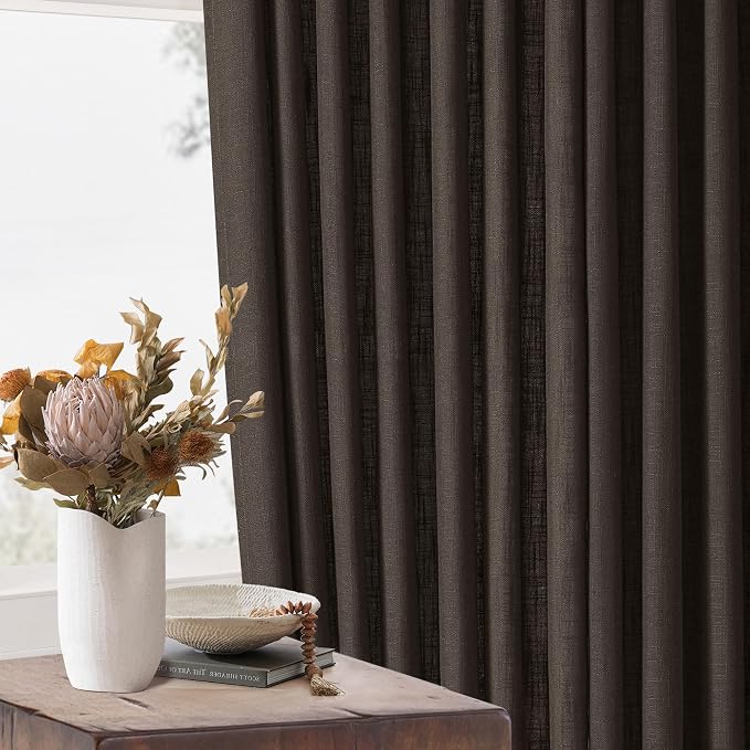 Dark Chocolate Pleated Linen Semi Sheer Curtains 45 Inch Length 2 Panels | - Image 6