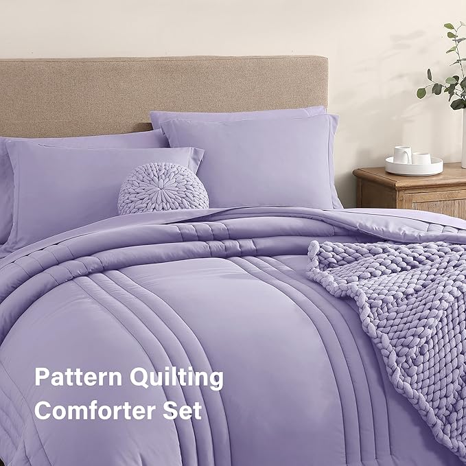 Monbix Queen Comforter Set - 7 Pieces Light Purple Bed in a Bag Queen Bedding Sets with Comforters, All Seasons Down Alternative Comforter Bed Set with Sheets, Pillowcases & Shams