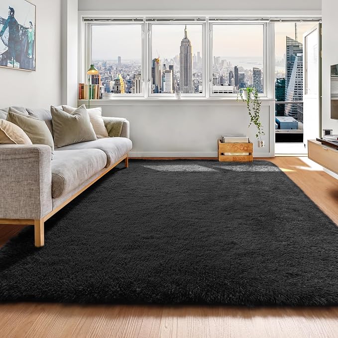 Black Area Rugs for Bedroom Living Room, Fluffy Fuzzy Shaggy 4x6 Bedside Rug by ONASAR