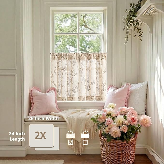 Taupe on Beige Linen Kitchen Curtains Rod Pocket 26W X 24L 2 Panels | Elisa - Image 4
