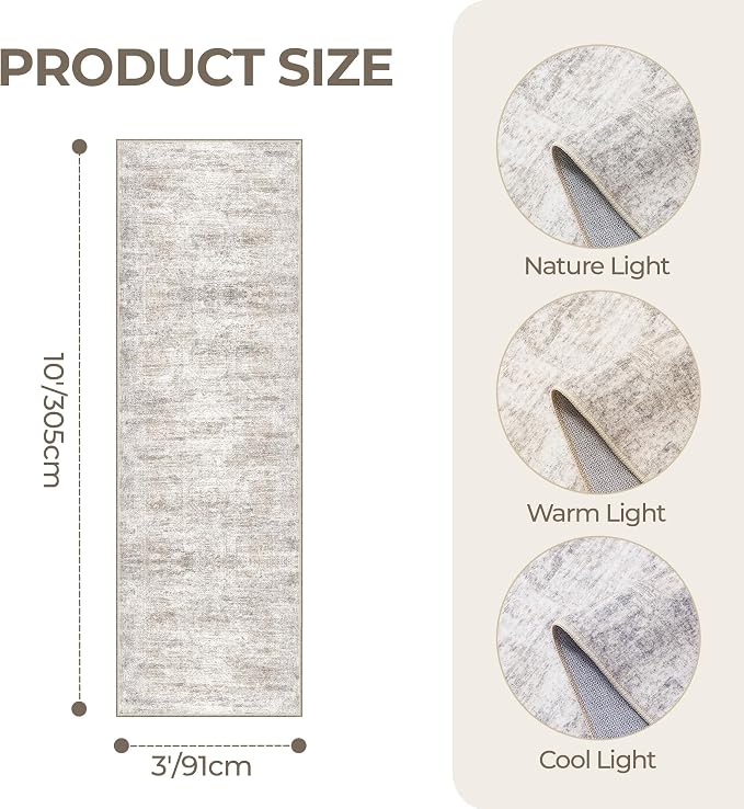 3x10 Runner Rug Non Slip, Washable Hallway Runner Rug, Taupe | Long Neutral Rugs - Image 2