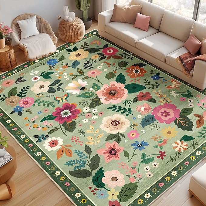 RELEANY Floral Washable 9x12 Area Rugs LightGreen | Flower Carpet Print Boho - Image 9