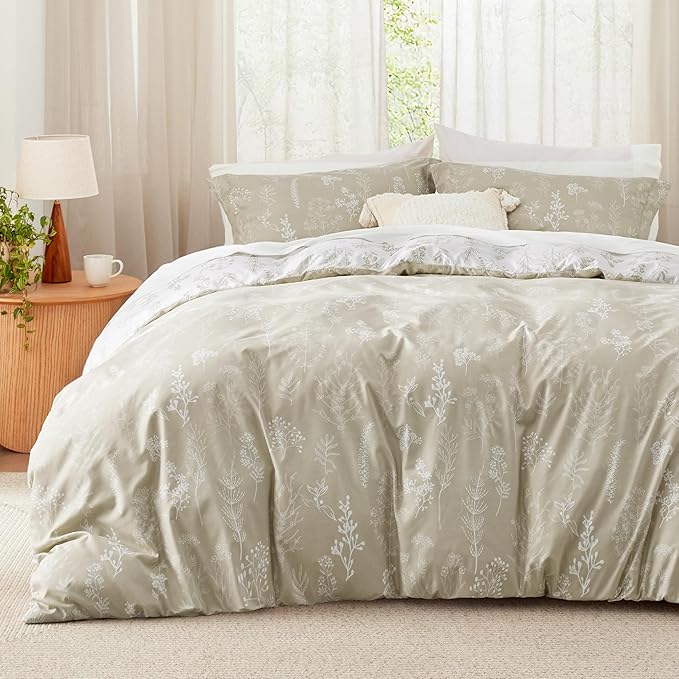 Bedsure Queen Comforter Set - Linen Bed Set, 3 Pieces Cute Floral Bedding, 1 Soft Reversible Botanical Flowers Comforter and 2 Pillow Shams