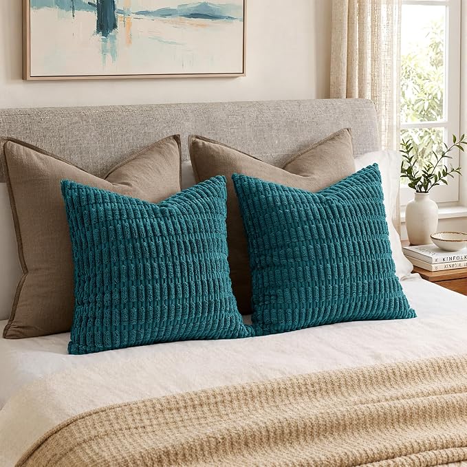 MIULEE Corduroy Decorative Throw Pillow Covers 18x18 Teal Pack of 2 | Soft Boho - Image 7