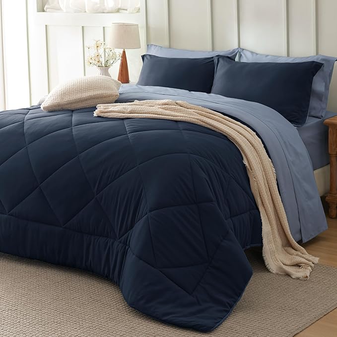 Bedsure Queen Comforter Set - 7 Pieces Reversible Navy Blue Bedding, Queen Size Bed Set for All Seasons, Bed in a Bag with Down Alternative Comforter, Sheets, Pillowcases & Shams