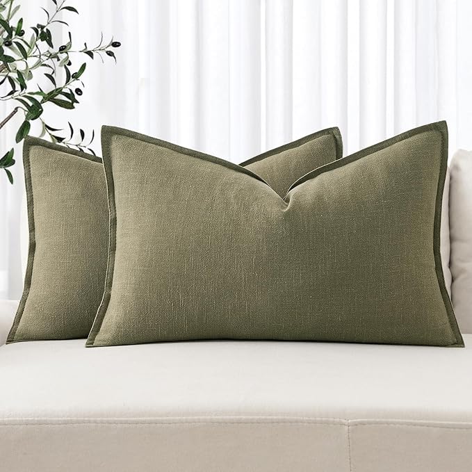 MIULEE Decorative Linen Lumbar Pillow Covers 12x20 Inch Light Olive Green | by MIULEE
