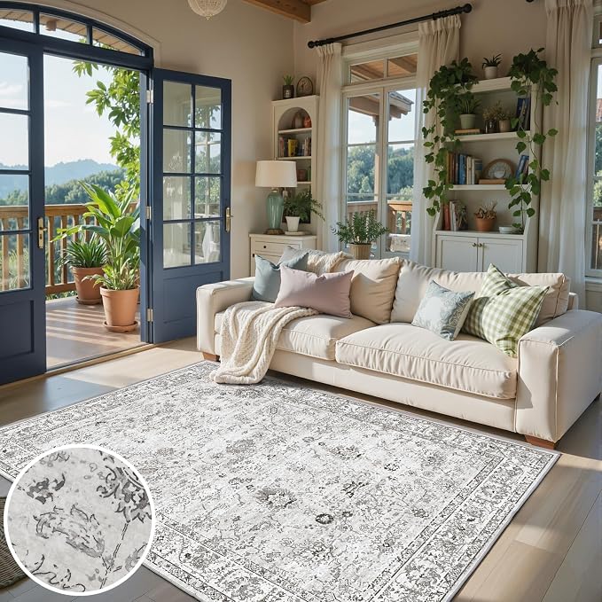 Grey Floral Area Rug 4x6 for Bedroom Dining Room | Boho Style; Low Pile; Non - Image 2