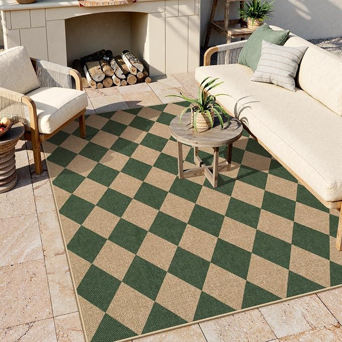 Lahome Checkered Easy Jute 5x7 Outdoor Rug, Washable Rugs - Image 3
