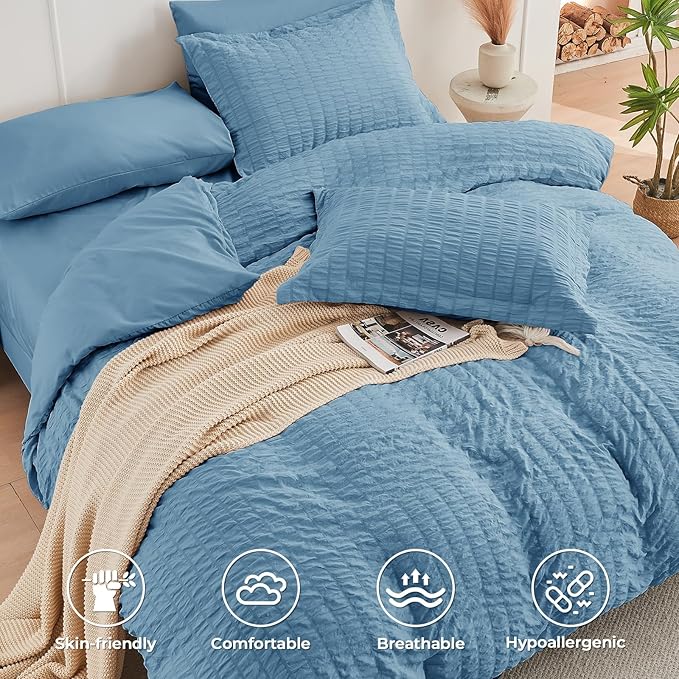 HYMOKEGE Mineral Blue Full Size Comforter Sets Seersucker 7 Pieces, All Season Luxury Bed in a Bag for Bedroom, Bedding Set with Comforter, Sheets, Pillowcases & Shams