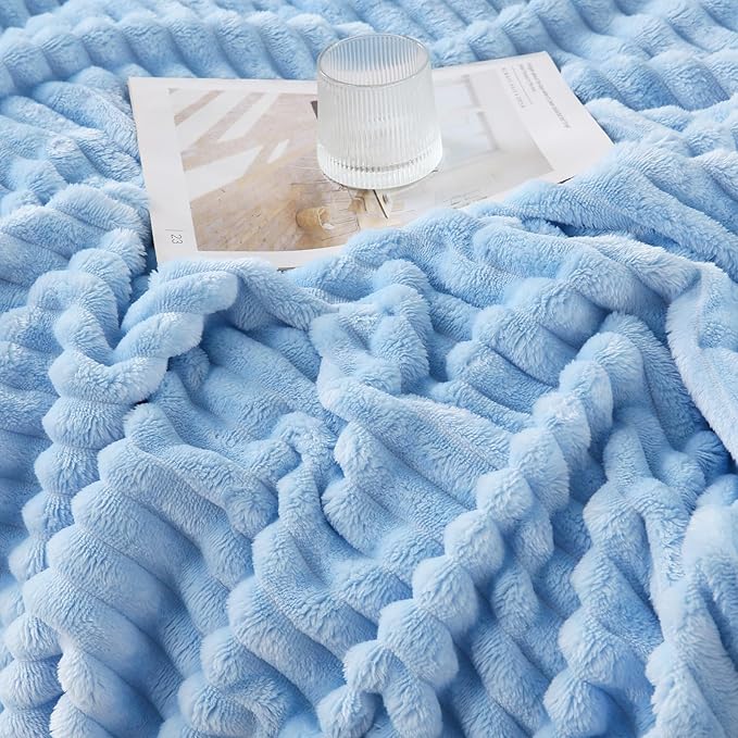 Light Blue Throw Blanket for Couch Sofa 50x70 inches Striped Design | Fleece - Image 4