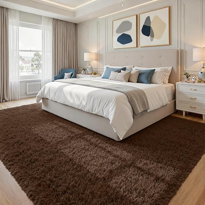 8x10 Fluffy Shag Area Rugs for Living Room Bedroom: Soft Plush Carpet Brown | - Image 9