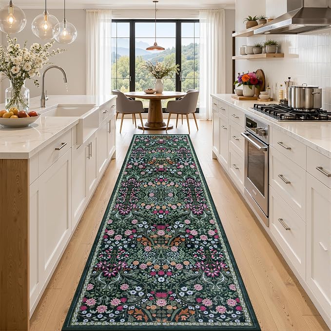PLHXFR 2.6x14 Washable Runner Rug：Floral Indoor Kitchen Carpet Dark Green | by PLHXFRSoftAreaRugs