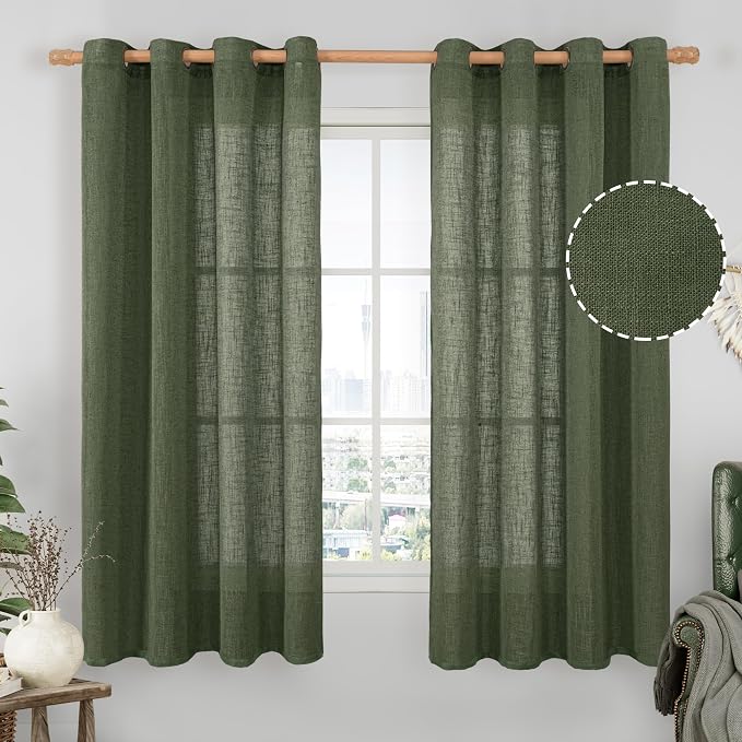 Olive Green Sheer Linen Curtains 63 inch Length by LAMIT