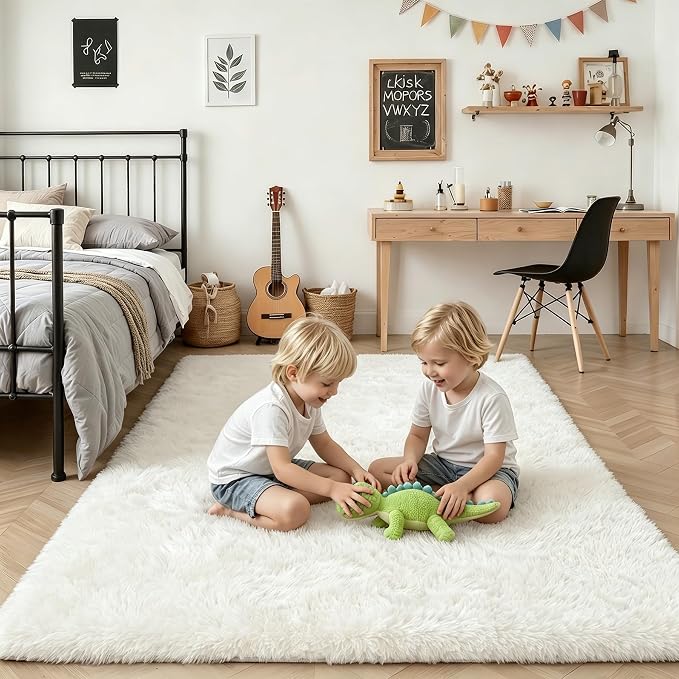 Area Rug Living Room Bedroom: 4x6 Fluffy Plush Shag Carpet Ivory | - Image 7
