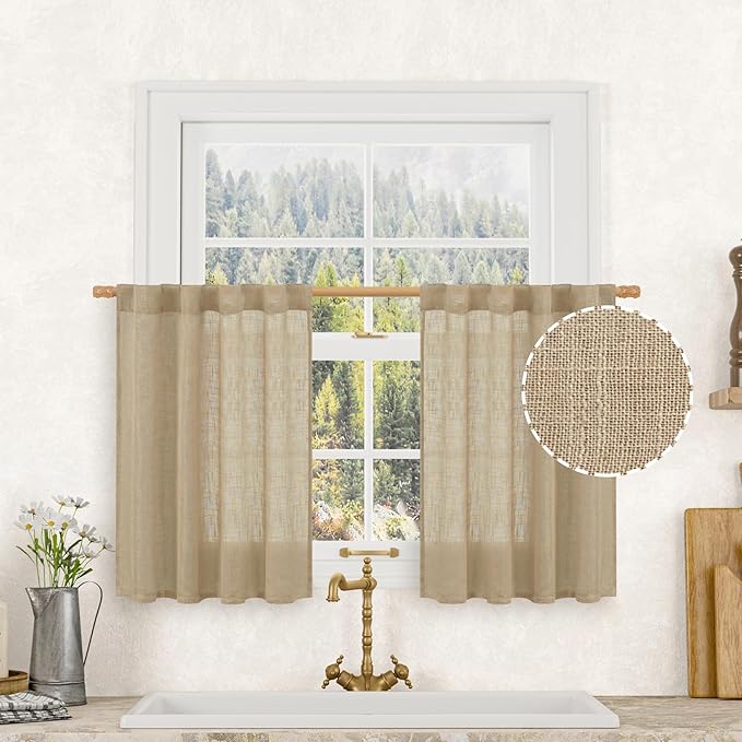 Short Window Linen Curtains 36 Inch Length 2 Panels, 34x36 Inch | Brown by LAMIT