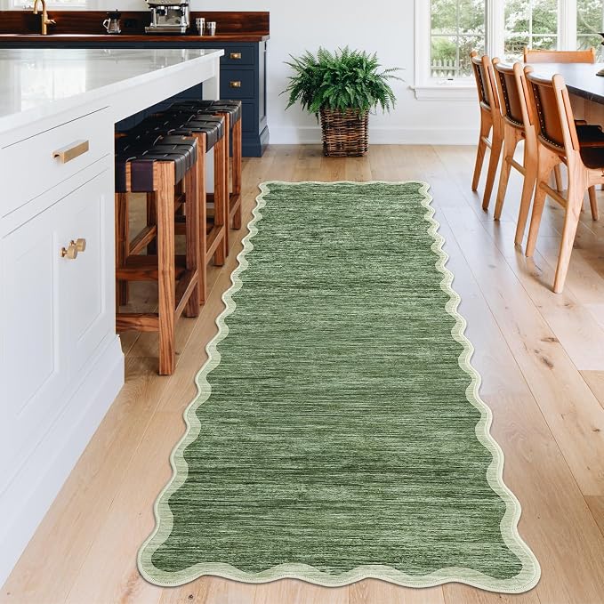 GarveeHome Scalloped Washable Runner Rug 2x6 Runner Abstract Modern Green | - Image 2
