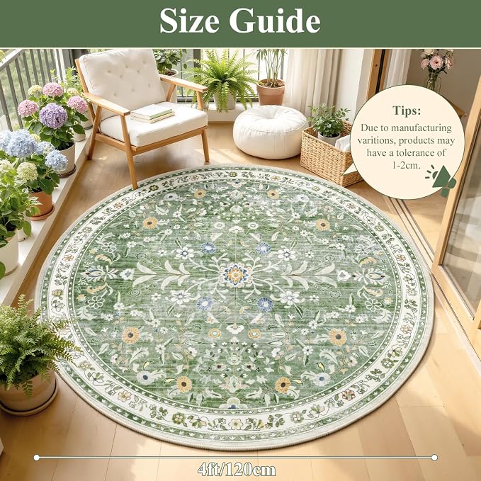Yamaziot 4Ft Washable Round Area Rug Non Slip Floral Carpet, Sage Green | Soft - Image 2