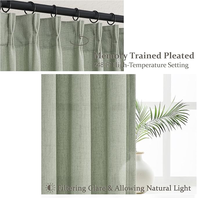 Sage Green Pinch Pleated Floor to Ceiling 102 Inch Long Curtains - Image 4