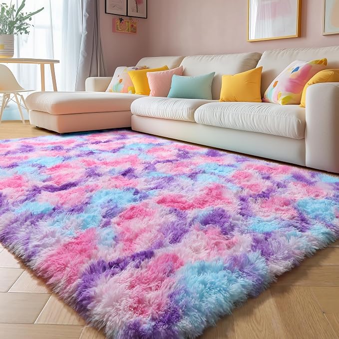 Amdrebio Pink Blue Purple Big Shaggy Rug 6x9 - Image 8