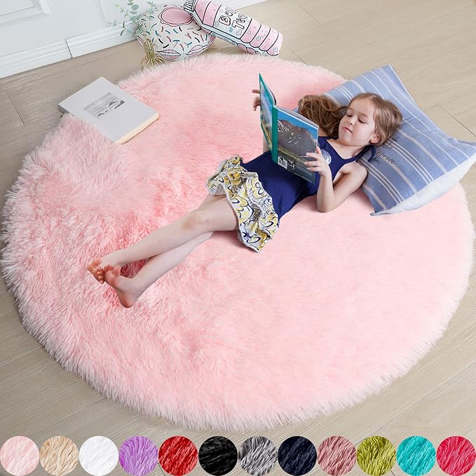 Amdrebio Pink Circle Round Fluffy Area Rug 4Ft by Amdrebio