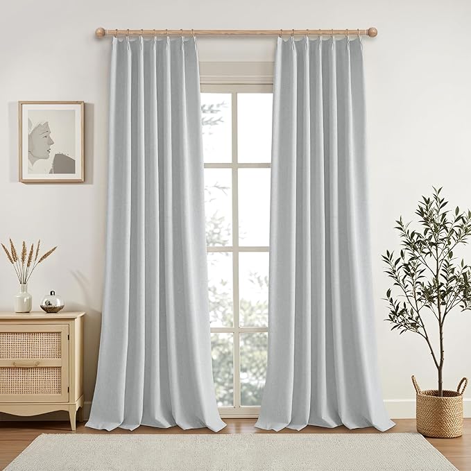 KangBang Blackout Pinch Pleated Curtains 90 Inches Long for Bedroom, Linen Woven Textured Pleated Drapes 2 Panels for Living Room Office, Sun Blocking Neutral Window Treatments,42x90 Inch, Light Grey