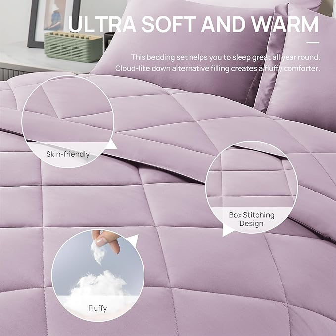 Love's cabin California King Comforter Set Light Purple, 7 Pieces California King Bed in a Bag, All Season Bedding Sets with 1 Comforter, 1 Flat Sheet, 1 Fitted Sheet, 2 Pillowcase and 2 Pillow Sham