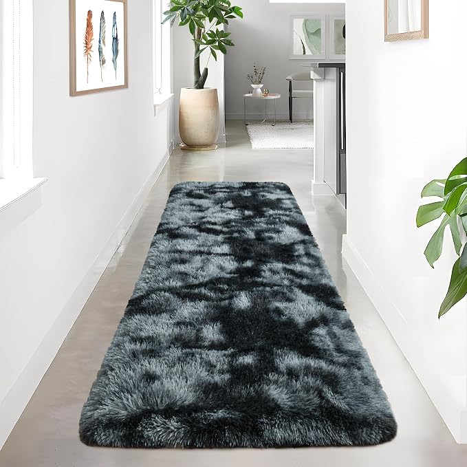 2x6 Tie-Dyed Black and Grey Fluffy Runner Rug Non-Slip - Image 3