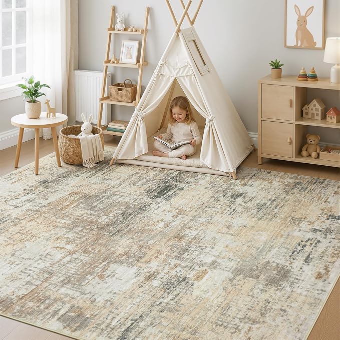 Rugflix 5x7 Area Rugs for Living Room, Washable Gold Beige Grey Large Rug | - Image 8