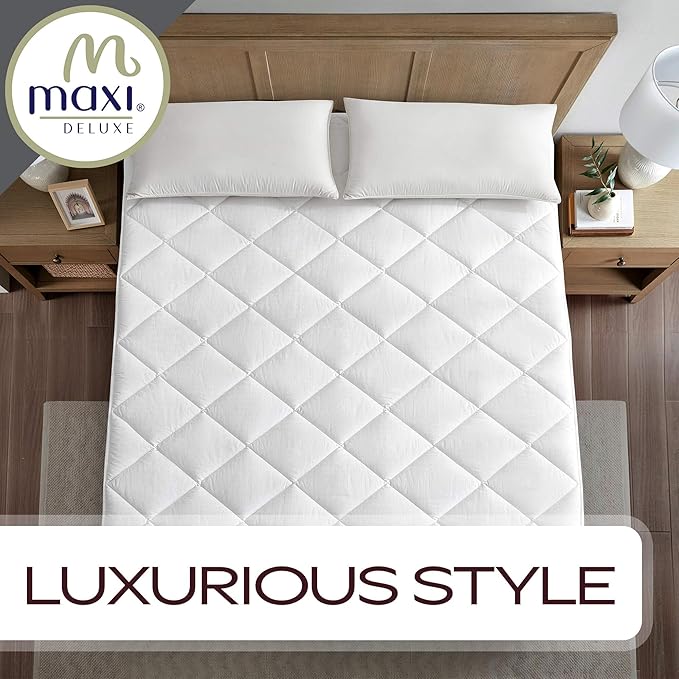 MAXI King Size Mattress Pad - Luxurious Cotton Sateen Mattress Protector - Soft, Comfortable, and Breatheable Mattress Cover - Mattress Pad Protects Mattress from Dust, Dirt, Spills, and Stains.