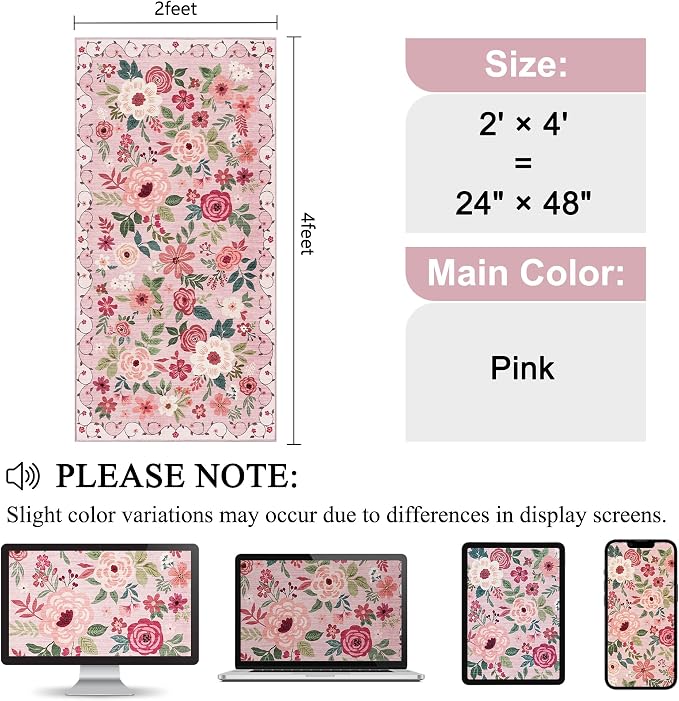 DUKINO 2x4 Entryway Rug, Floral Washable Kitchen Rugs Non Slip, Soft Indoor - Image 2